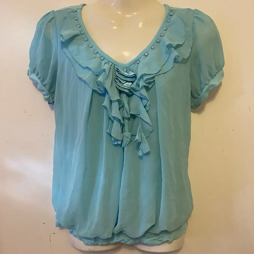 Vintage Y2K AquaBlue Layered Blouse Chiffon Ruffles PuffSleeve Bow Mermaidcore S - Picture 4 of 6
